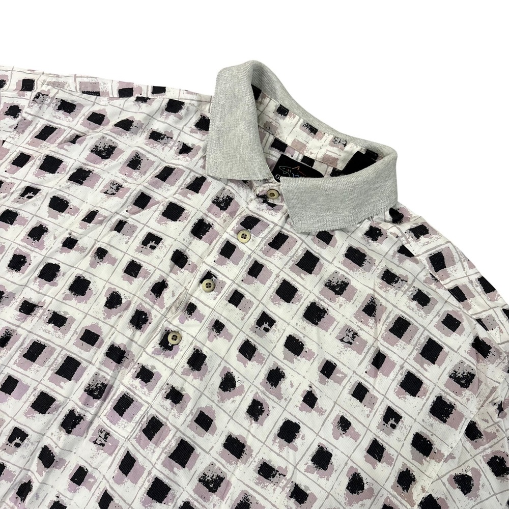 GREG NORMAN Mens L Vintage 90s Rayon Geometric Golf Polo Shirt Gray Pink Retro